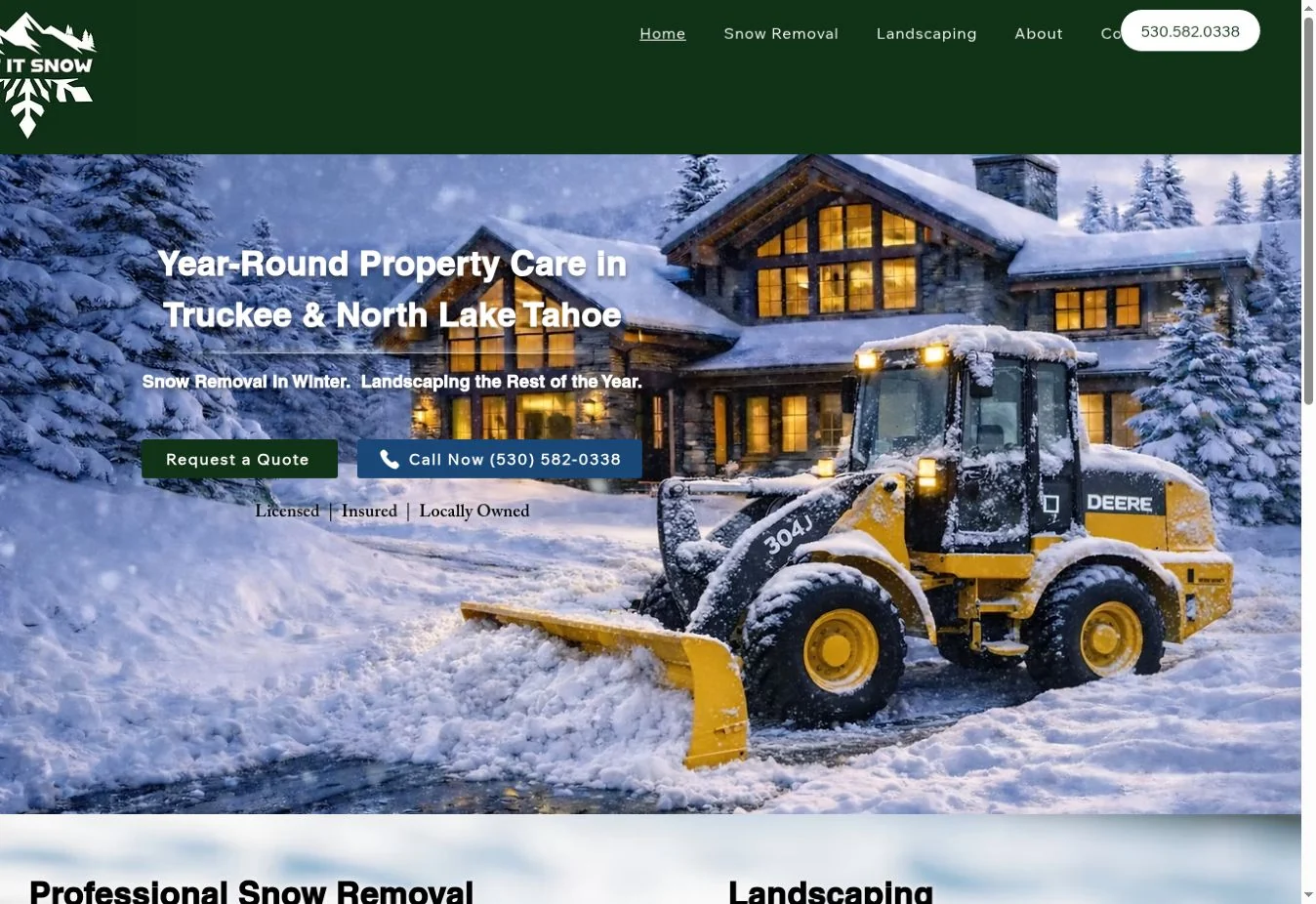 Let It Snow Inc. homepage showing snow removal and landscaping services with quote and phone links