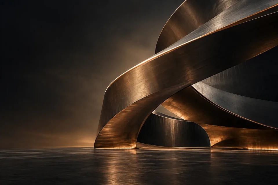 Sculptural bronze and graphite architecture with sweeping illuminated curves